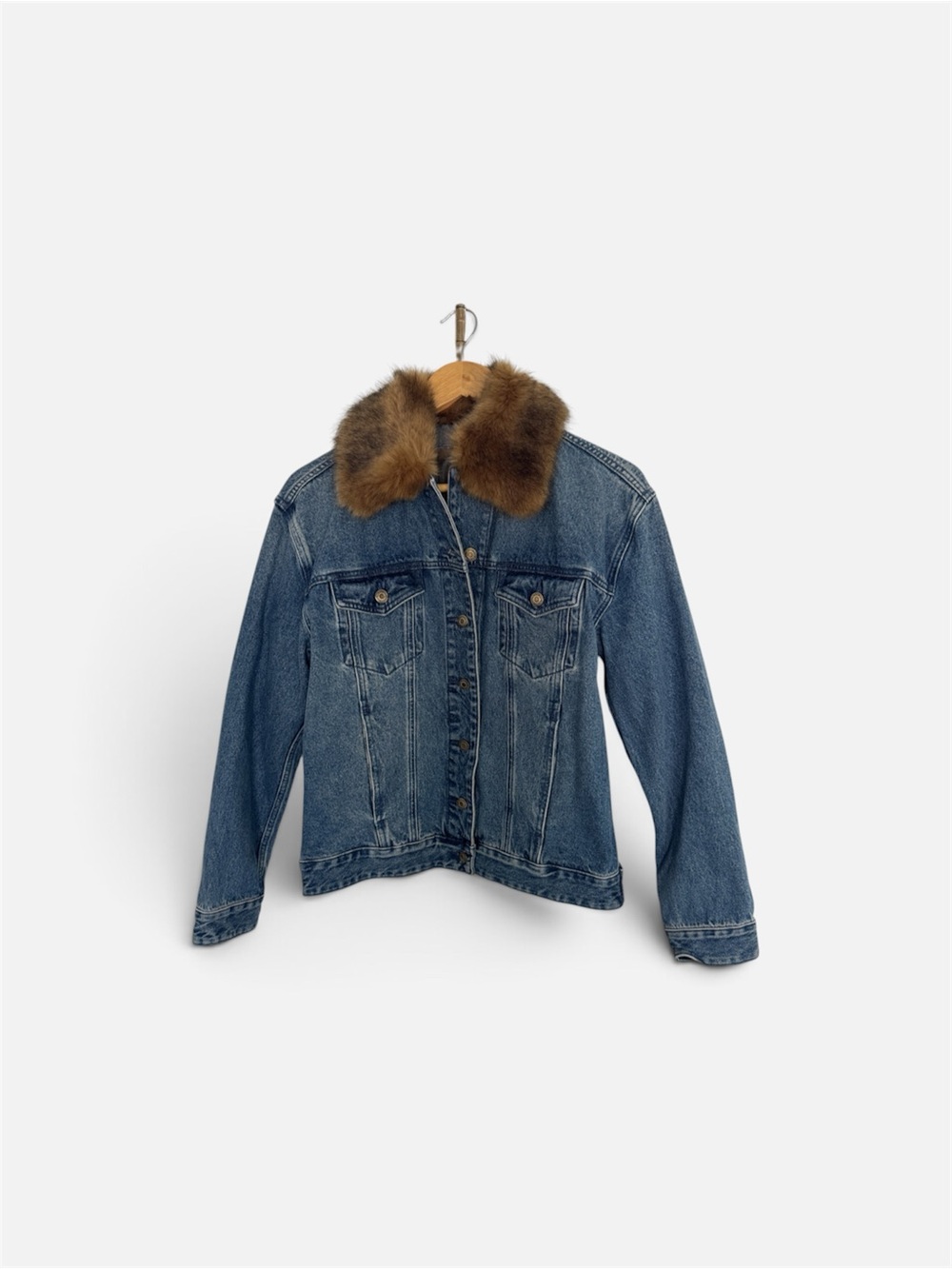 Michael Kors Blue Denim Jacket with Brown Fur Collar NWT Size Small